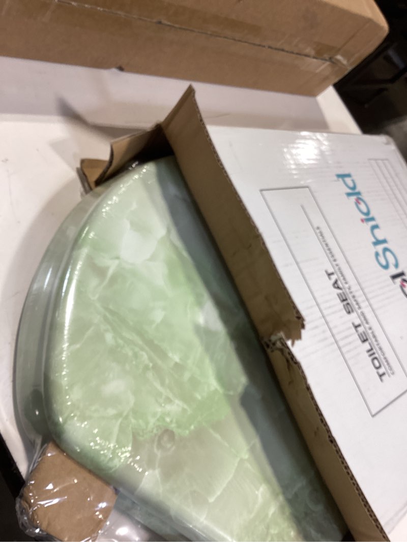 Condition photo showing As Is for angel shield marble toilet seat durable molded wood with quiet close, easy clean, quick-release hinges round toilet seat (round, green marble) round-16.5“ green marble-round