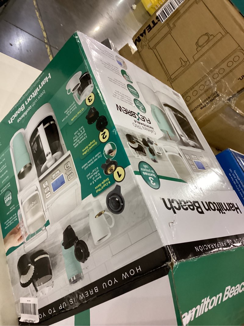 Condition photo showing As Is for Hamilton Beach FlexBrew Trio 2-Way Coffee Maker, Compatible with K-Cup Pods or Grounds, Combo, Single Serve & Full 12 Cup Coffee Pot, White, Fast Brewing, Removeable Reservoir White, Fast Brewing, Removable Reservoir