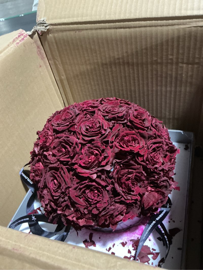 Condition photo showing As Is for JoyFlower Preserved Flowers in Marble Vase, Flower Vase Marbles for Table Centerpiece, Bordeaux Red Eternal Flower Decorations for Party Home Living Room Bedroom Shop House, Decorative Flower Decor