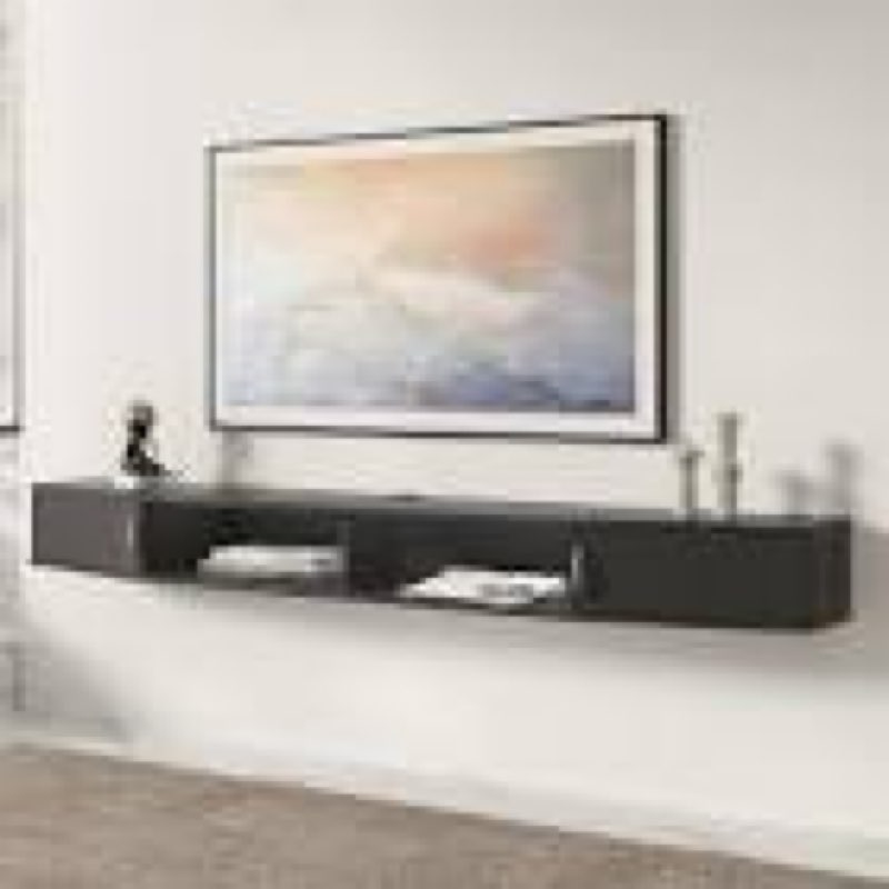 WAMPAT 70" Floating TV Shelf with Charging Station,Wall Mounted TV Stand,Media Console Stand with Doors,Entertainment Shelf for Living Room,Bedroom,Black