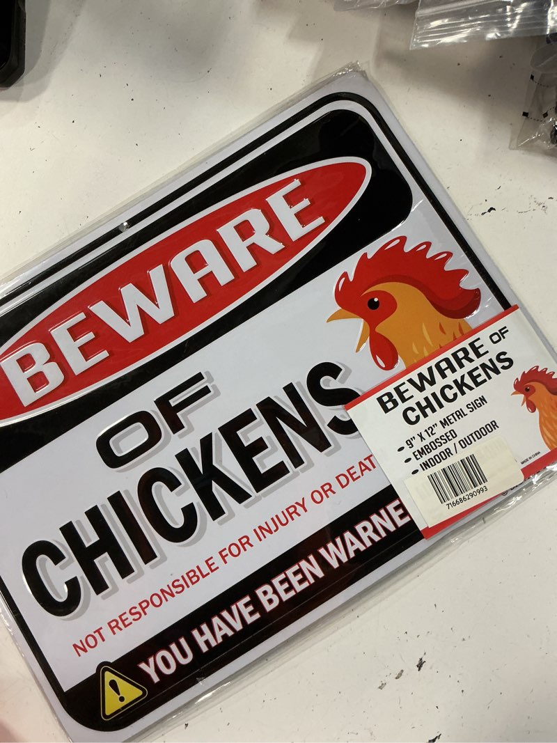 Condition photo showing New/Like New for bigtime signs 9" x 12" metal beware of chickens chicken coop decor sign