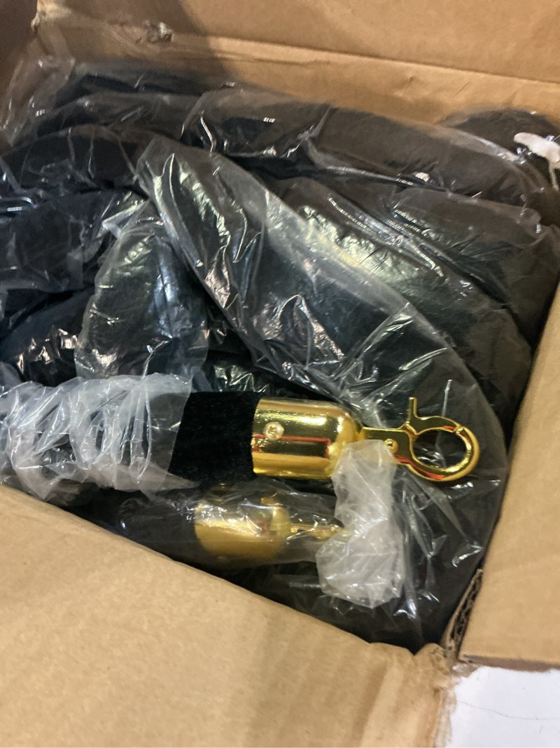 Condition photo showing New/Like New for 6-pack black velvet stanchion ropes, 5ft crowd control barrier with gold hooks for events, parties, weddings, hotels, movie theaters, red carpet openings
