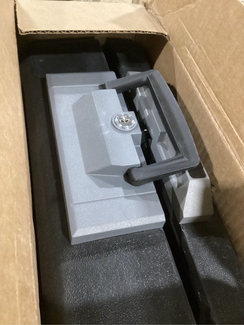 Condition photo showing As Is for sentrysafe fireproof safe box with key lock, chest safe with carrying handle to secure money, jewelry, documents, 0.25 cubic feet, 6.3 x 15.3 x 12.1 inches, 1160 fire resistant box 0.25 cu. ft.