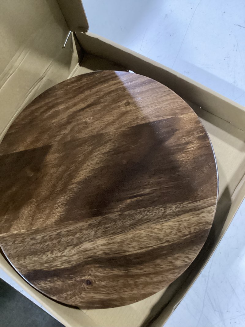 Condition photo showing Good Condition for round 11.8" acacia wood decorative tray – farmhouse wood riser pedestal stand for kitchen and bathroom decor, counter display, vanity tray (large, 11.8" dia) large: dia 11.8"