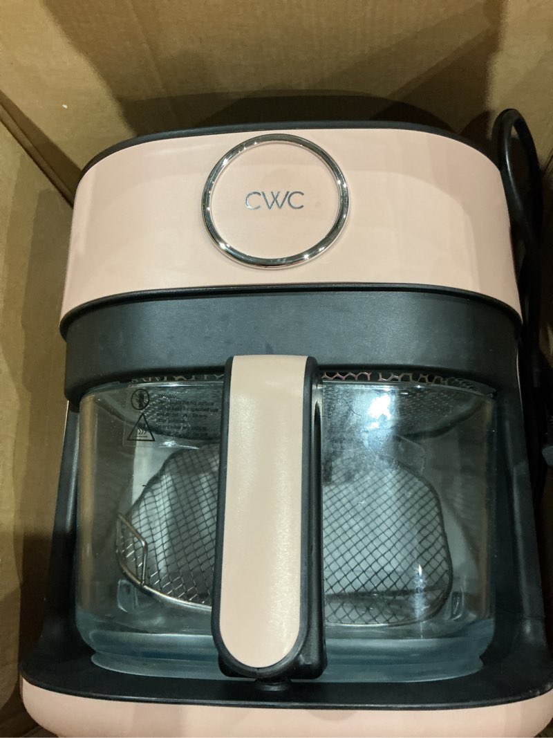 Condition photo showing Good Condition for (used lightly)cook with color 1400w 5.5qt digital kitchen air fryer with glass basket, 8 presets healthy cooking options, bake, fry, reheat, 60-min timer, adjustable temperature control 175°f–400°f, blush