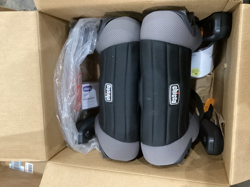Condition photo showing As Is for set of 2 chicco gofit cleartex plus backless booster car seat, latch attachment, quick-release latch removal, portable car booster seat for children at least 4 years old and 40-110 lbs, obsidian/black gofit cleartex plus obsidian/black