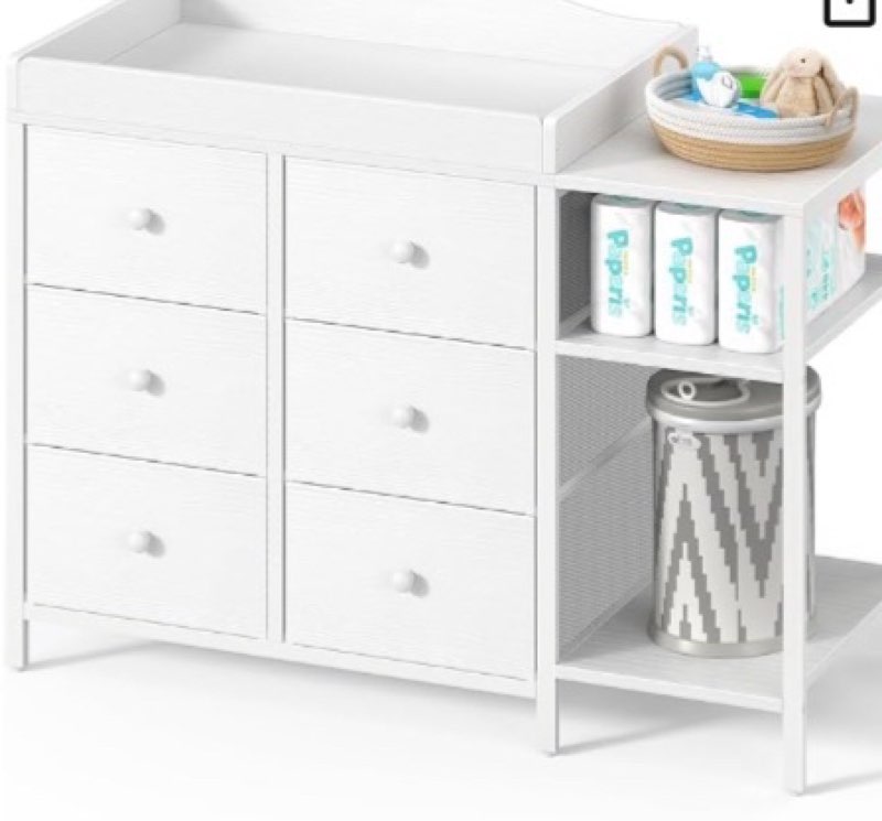boluo baby dresser with changing table top, white changing table dresser with 6 fabric drawers diaper changing station with storage shelf for nursery modern