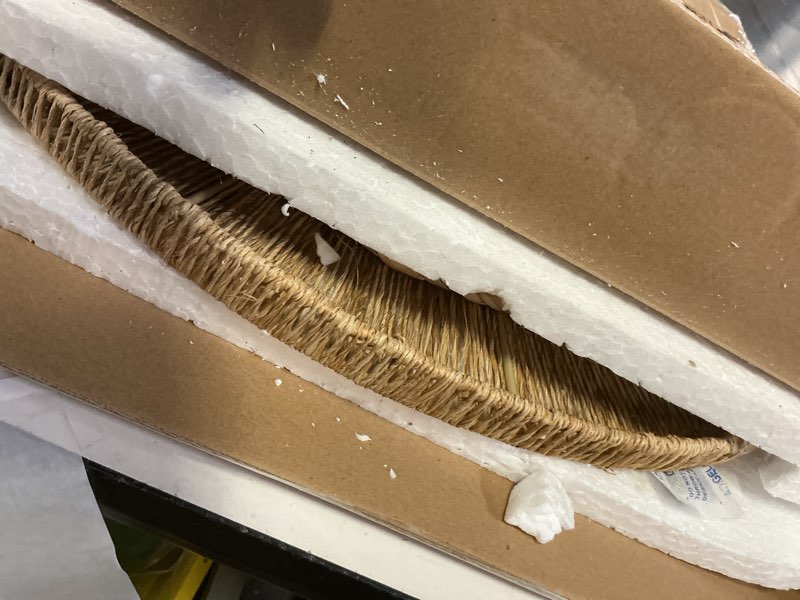 Condition photo showing Good Condition for 24 inch natural jute mirror, wall mounted round mirror with metal frame, wall decor rustic farmhouse boho decor accent for bathroom, bedroom, living room, or entryway