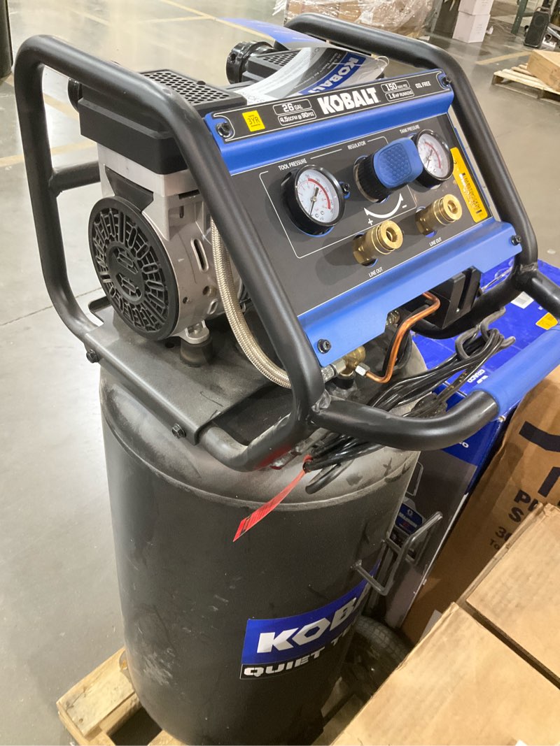 Condition photo showing As Is for kobalt quiet tech 26-gallon portable electric 150 psi vertical air compressor