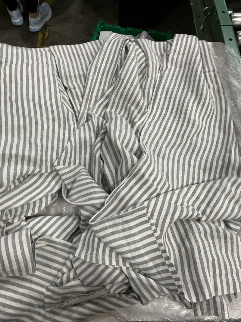 Condition photo showing As Is for quince european linen sheet set mist/white stripe size king (color is light gray and white )