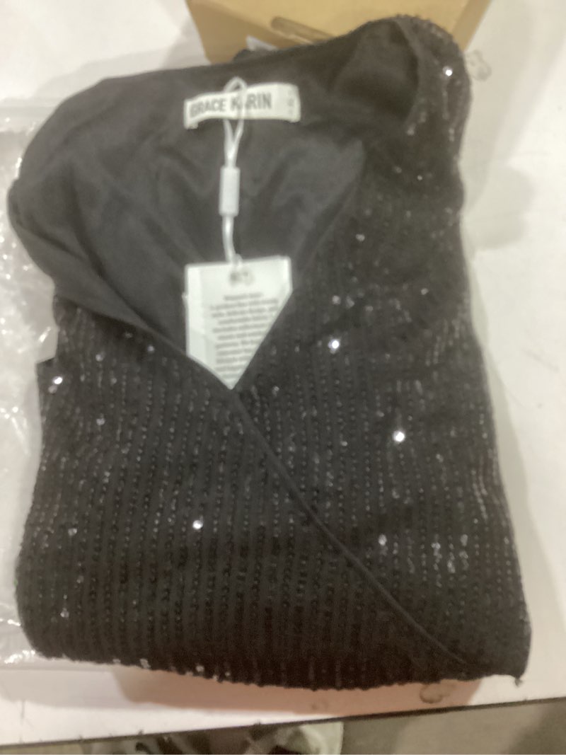 Condition photo showing Good Condition for GRACE KARIN One Shoulder Sequin Sparkly Tops for Women Ruched Asymmetrical Glitter Tops Slimming Sparkle Party Shirts Black X-Large