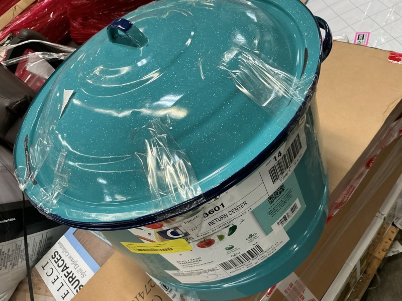 Condition photo showing As Is for cinsa 6-piece enameled steel cookware set with steamer, dutch oven, and multi-use dish, turquoise blue(incomplete)