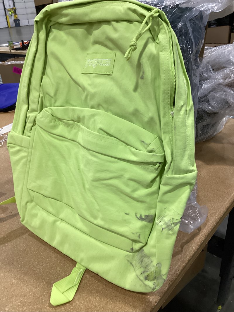 Condition photo showing As Is for jansport superbreak plus fx backpack - work, travel, or laptop bag with water bottle pocket - lime citron