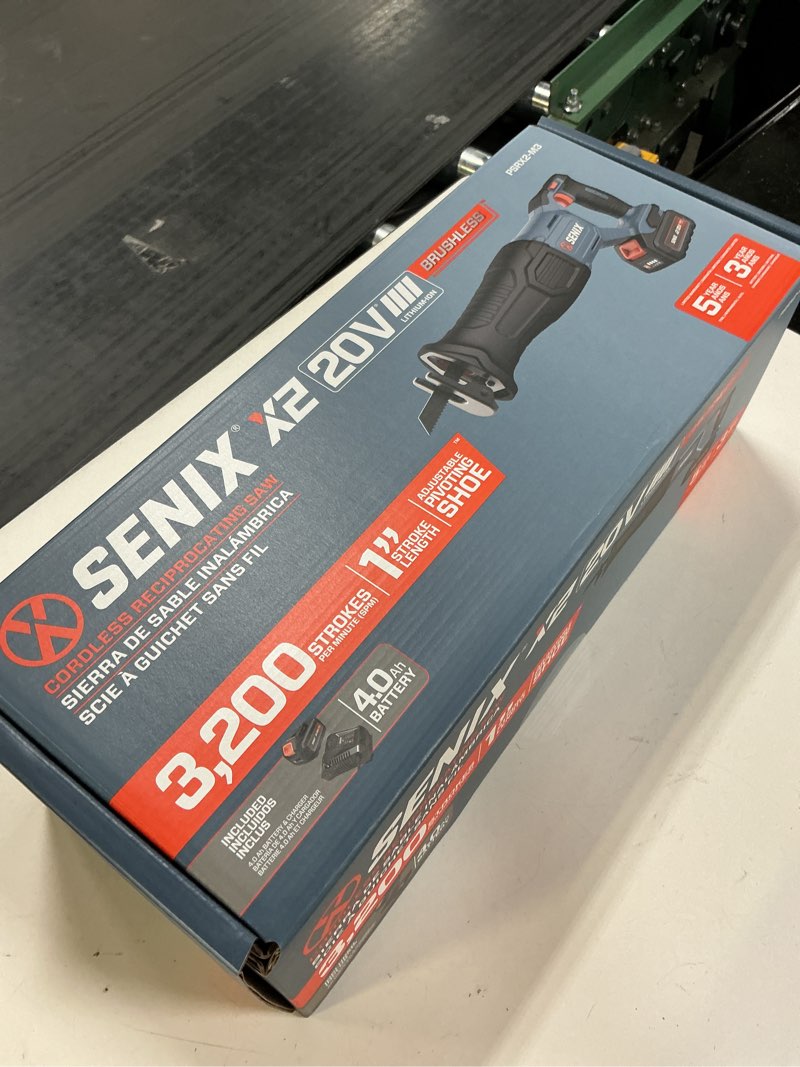 Condition photo showing New/Like New for senix 20 volt max* cordless reciprocating saw, 3200 spm, brushless motor, variable speed, & quick blade release, battery, & charger included (psrx2-m3)