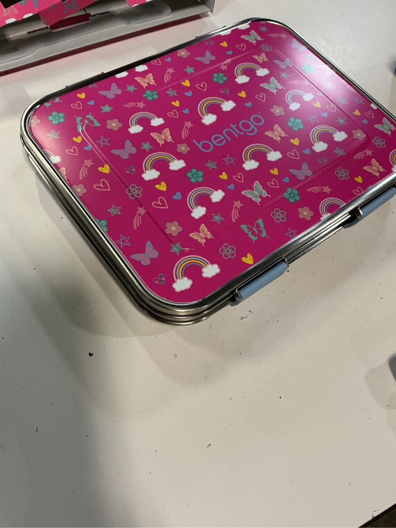 Condition photo showing Good Condition for bentgo kids stainless steel prints leak-resistant lunch box - 3-compartments with silicone container, durable, eco-friendly, dishwasher safe, for school, ages 3+ (rainbows & butterflies)