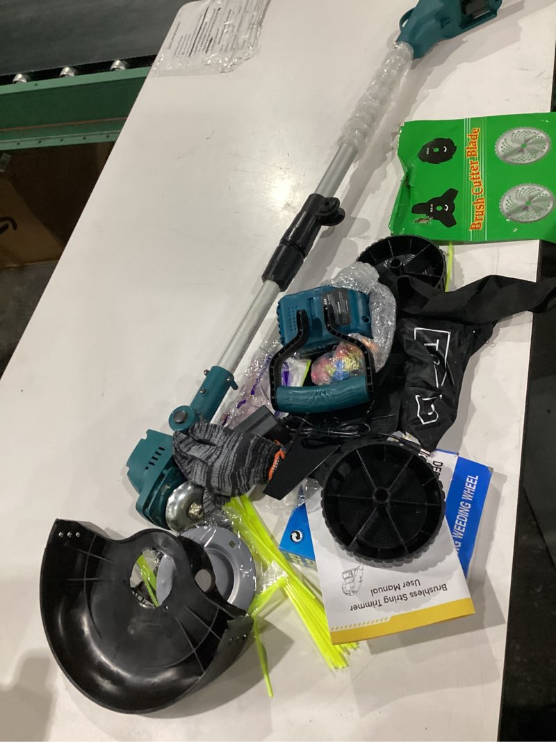 Condition photo showing As Is for cordless weed wacker,1000w brushless string trimmer with 2 x 4.0ah batteries, 9" 4- in-1 electric weed eater with wheels, adjustable length grass cutter battery powered for lawn garden pruning