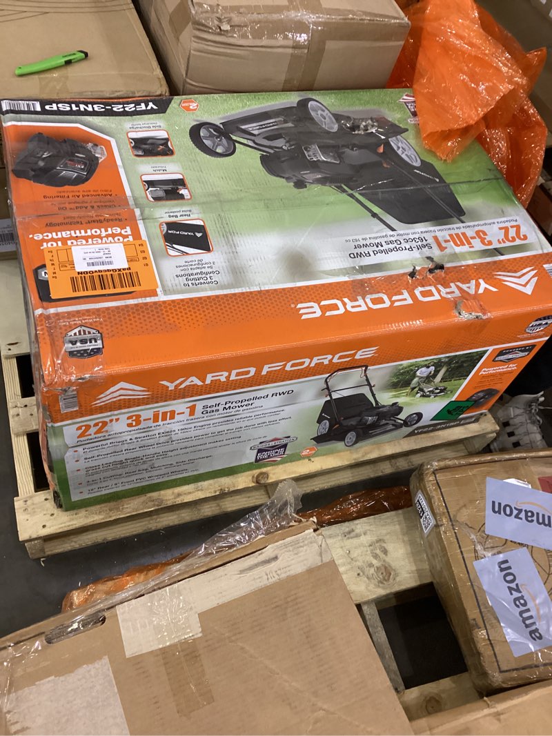 Condition photo showing New/Like New for Yard Force Self Propelled Lawn Mower Briggs & Stratton 150cc Gas Engine 22-inch Steel Deck 3-in-1 Mulch, Bag, Side Discharge, 12-inch High Rear Wheels Black