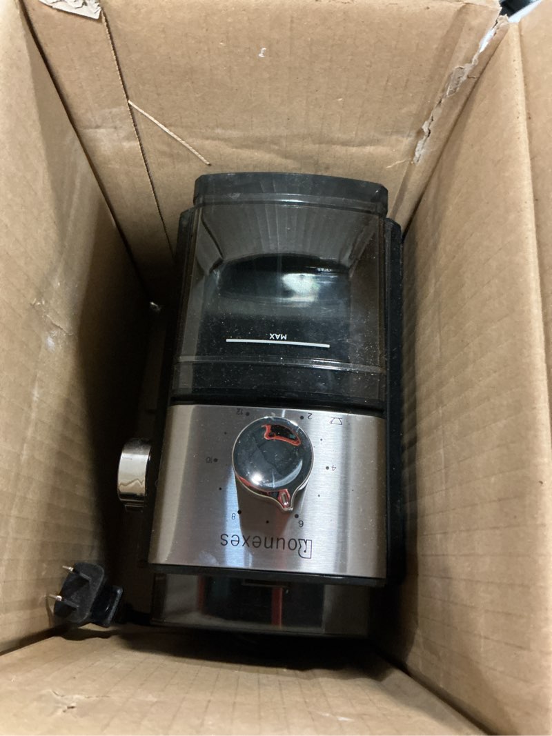 Condition photo showing As Is for burr coffee grinder electric, coffee beans grinder for home use, burr mill grinder with 17 precision settings– for espresso, pour over & cold brew black