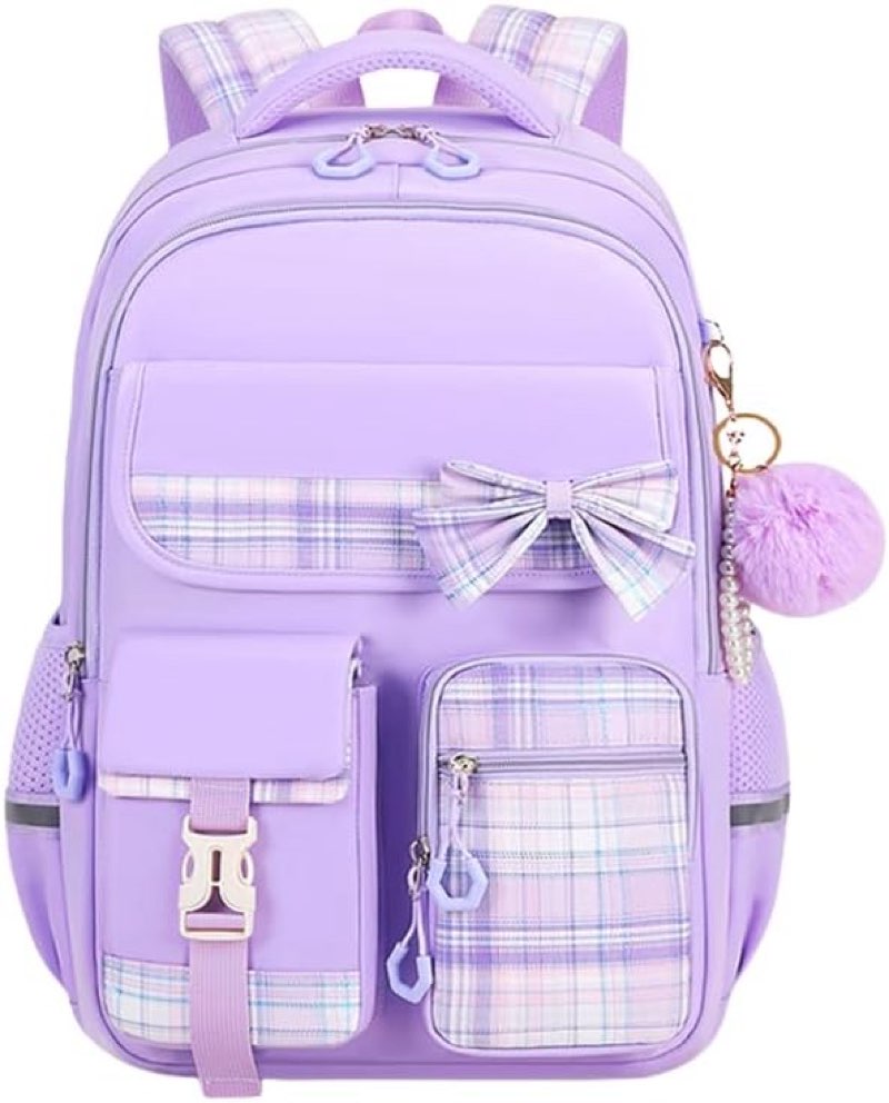 kids backpack for girls, cute plaid large capacity waterproof bookbag for students teens preppy aesthetic bow elementary primary middle school bag with kawaii lunch box pencil case set 3pcs purple