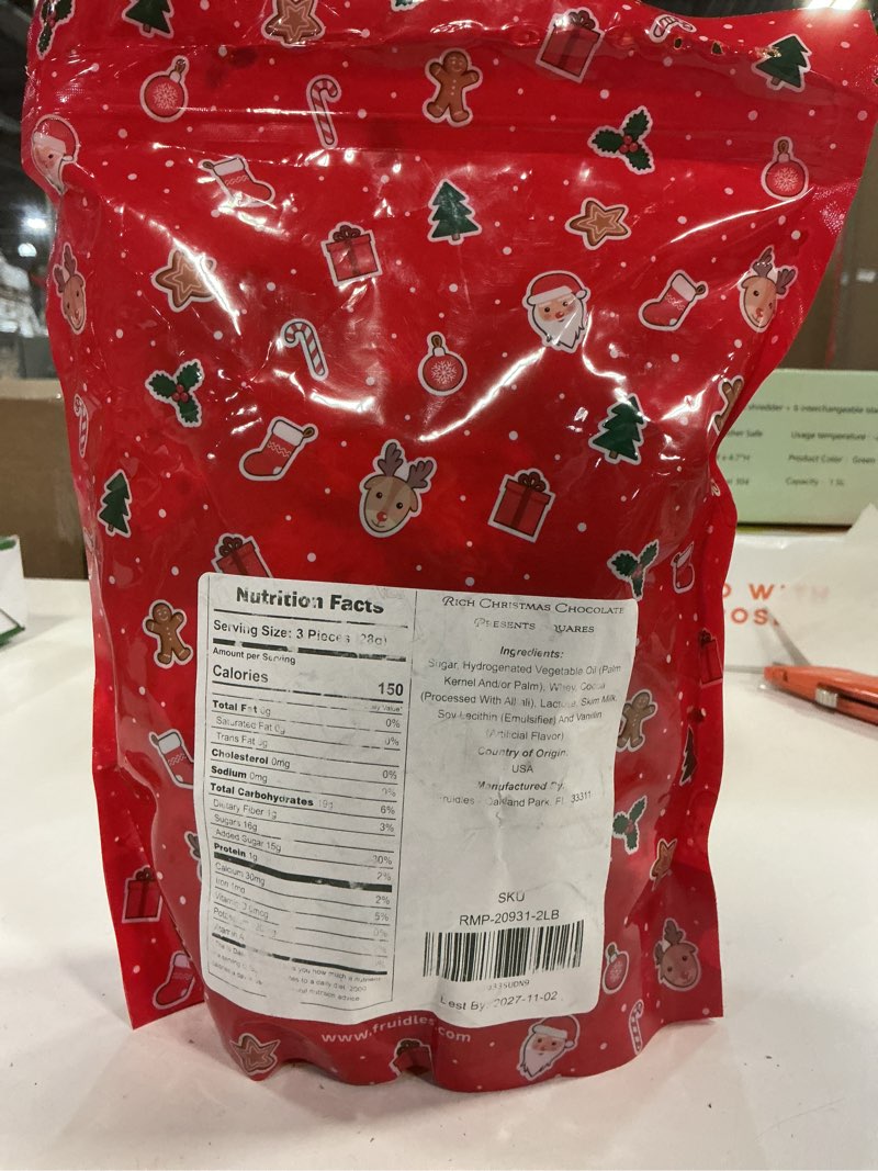 Condition photo showing New/Like New for (BEST BY 2027/11/02)Fruidles Rich Christmas Chocolate Presents Squares Design, Smooth & Creamy Chocolate Presents, Holiday Party Bag Fillers, Individually Wrapped Multicolor Foils, Kosher Certified Dairy (2 Pounds)