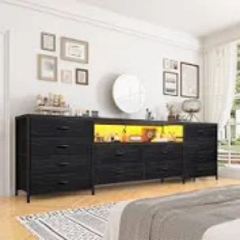 63.11" W 12 Drawer Dresser For Bedroom, Long Dressers Tv Stand Media Console With Led Lights & Power Outlets