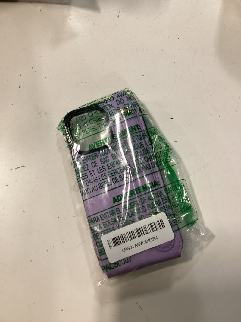 Condition photo showing Good Condition for Folosu for iPhone 16 Pro Max Wallet Case with Card Holder, Hand Wrist Strap Loop Holder Kickstand, RFID Blocking Finger Grip Ring PU Leather Double Buttons Shockproof Cover 6.9" Purple