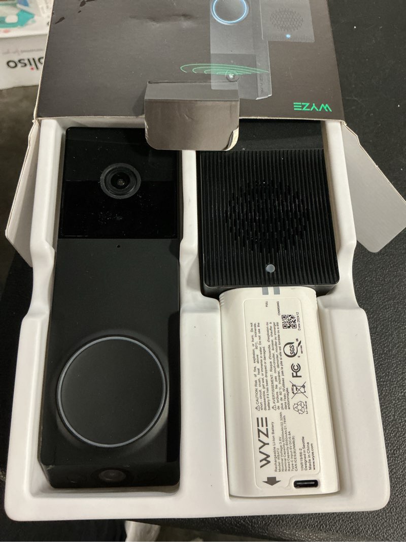 Condition photo showing As Is for wyze wireless duo cam video doorbell (chime included), battery powered, 2k full hd video, 2 cameras (people and package), 2-way audio, color night vision black