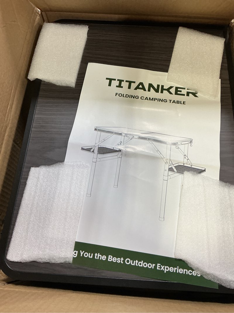 Condition photo showing New/Like New for titanker folding camping table small 2ft, small camp table portable with 50% extra space, folding picnic set, portable beach table, car camping essentials, aluminum light & solid small dark oak & storage net