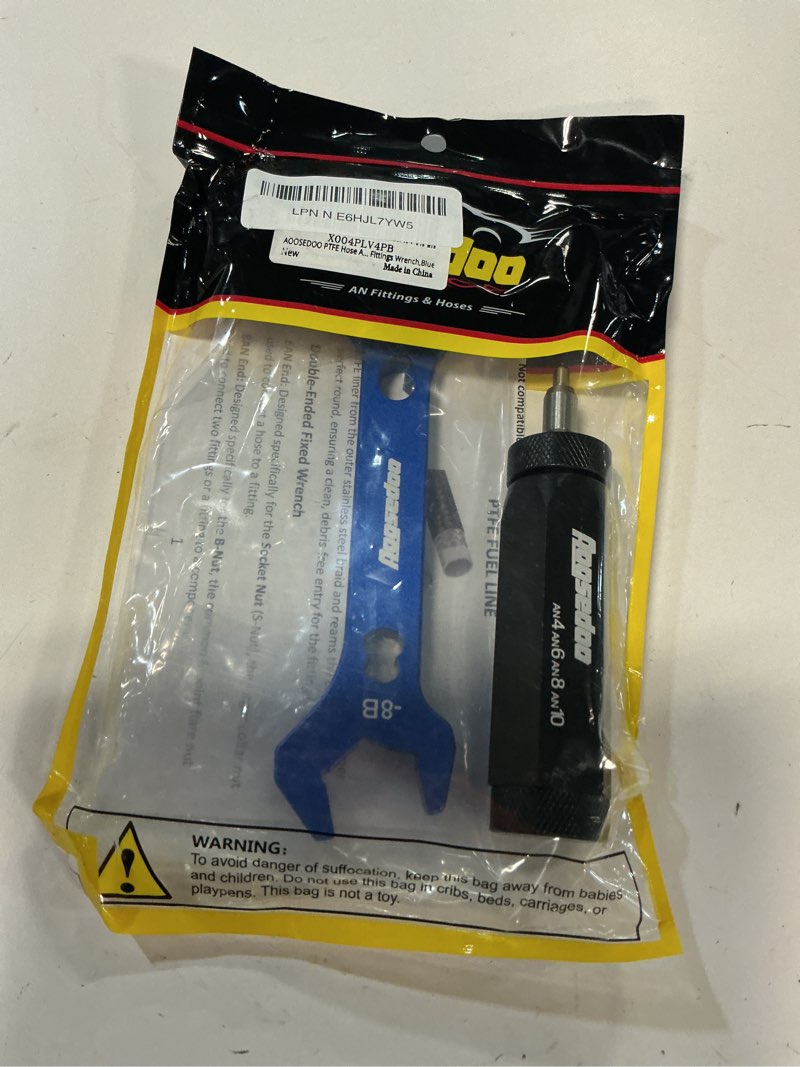 Condition photo showing Good Condition for ptfe hose assembly tool, hose reaming tool for 4an, 6an, 8an, 10an ptfe fuel line assembly. with a double-ended an fittings wrench 6an socket- an8 b-nut, blue with wrench