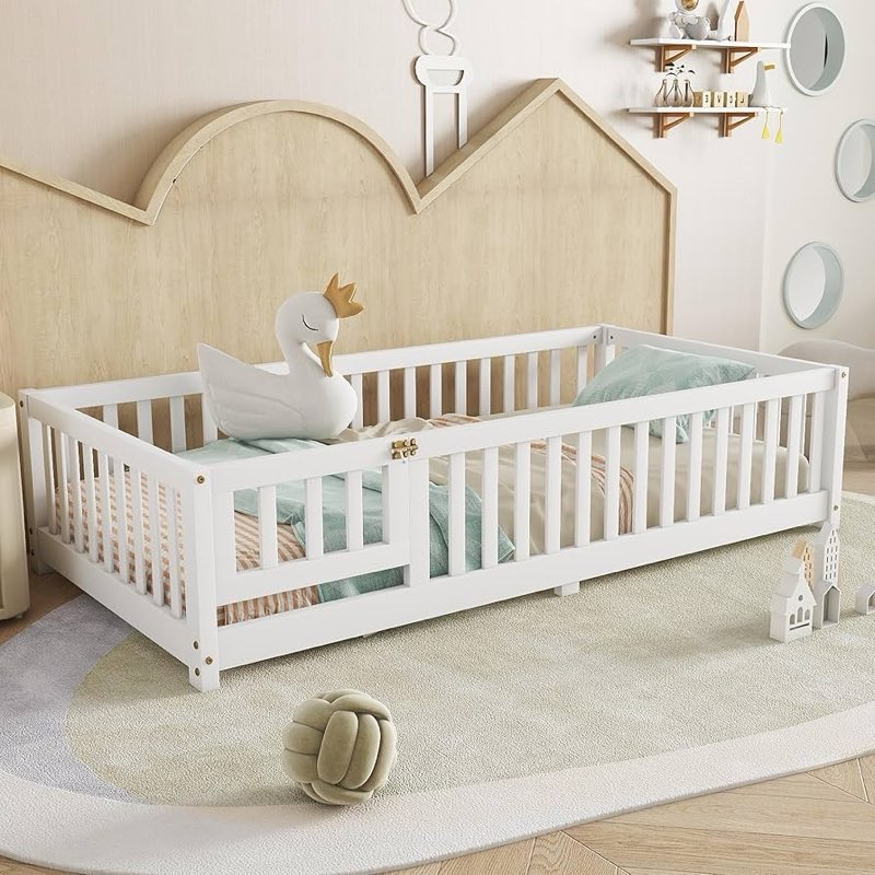 (Incomplete only 1 box ) Twin floor bed with fence and door white 