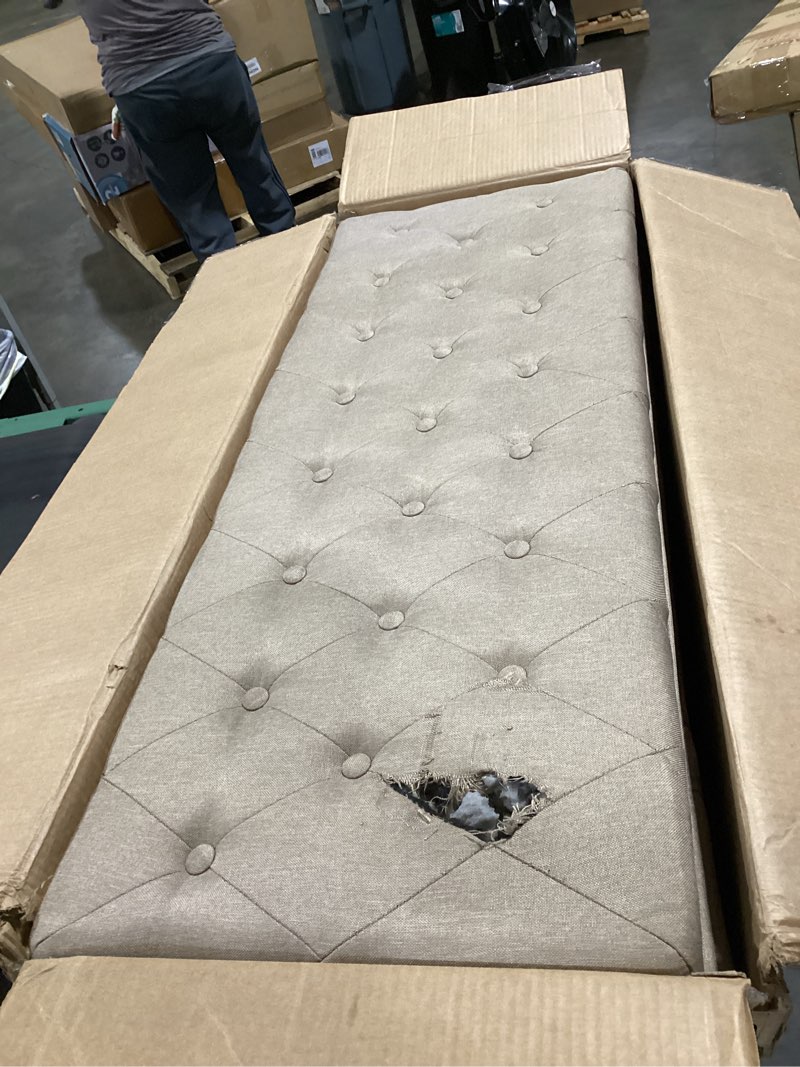 Condition photo showing As Is for songmics storage ottoman, storage bench, tufted entryway bedroom bench, 17.7 x 46.5 x 17.7 inches, hinges easy lid operation, wooden legs, linen-look cover, loads 330 lb, camel brown ulom070k01 camel brown linen-look fabric