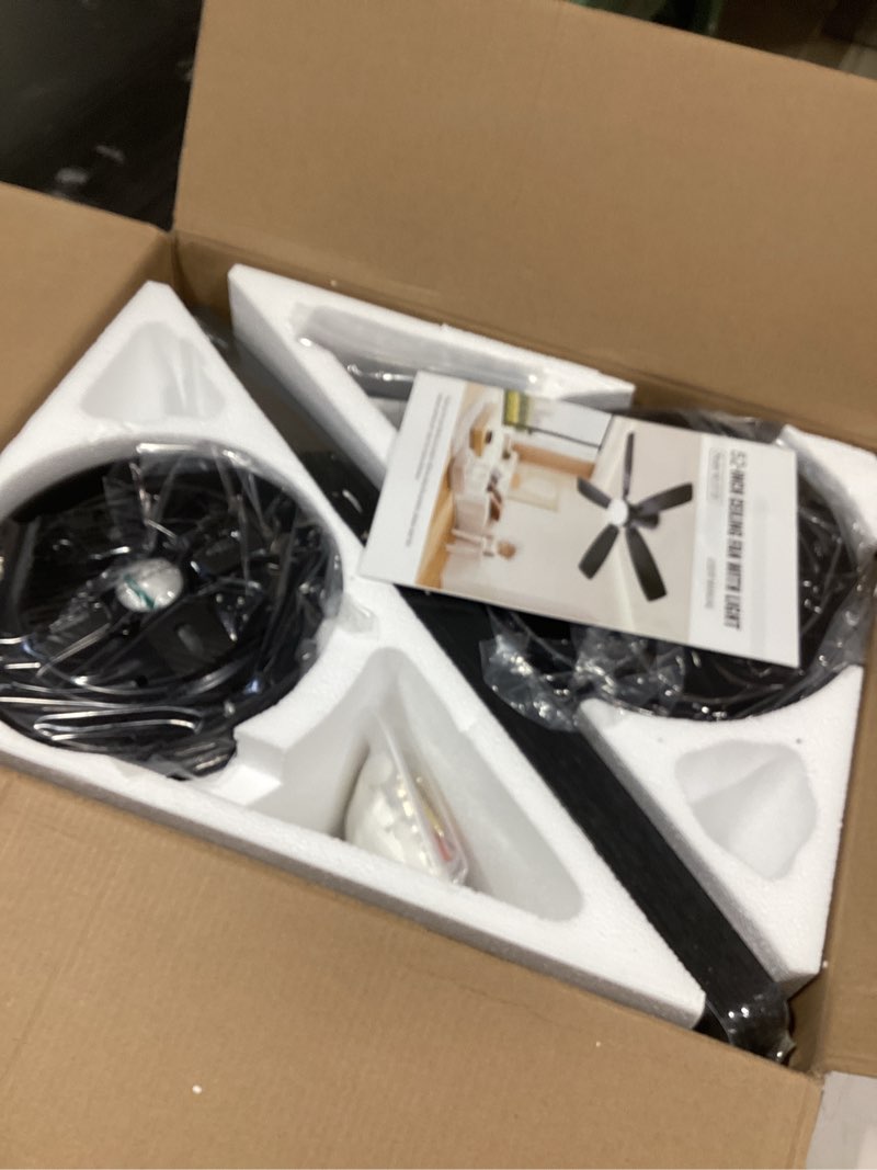 Condition photo showing As Is for Ceiling Fans with Lights, 52 inch Low Profile Ceiling Fan with Light and Remote Control, Flush Mount, Reversible Motor, Dimmable, Noiseless, Black Ceiling Fan for Bedroom, Indoor/Outdoor Use Black 52Inch