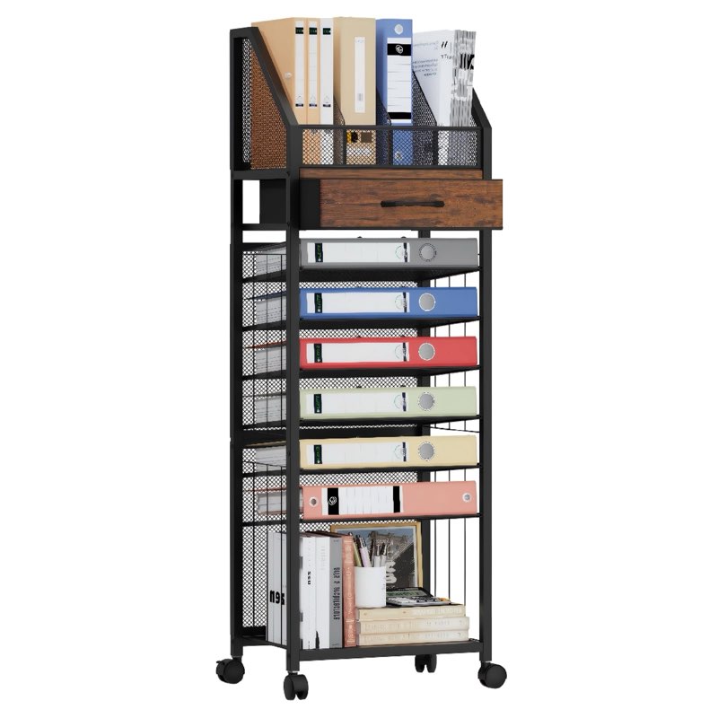 swtymiki 9-tier rolling file cart - paper organizer with drawer and trays, wood desk office organize