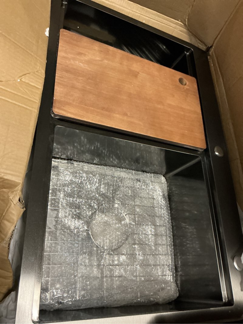 Condition photo showing Good Condition for 25 Black Drop Kitchen Sink - Sarlai 25 x 22 Inch Kitchen Sink Topmount Ledge Workstation Gunmetal Black Stainless Steel 16 Gauge Single Bowl Over Counter Utility Laundry Sinks Basin
