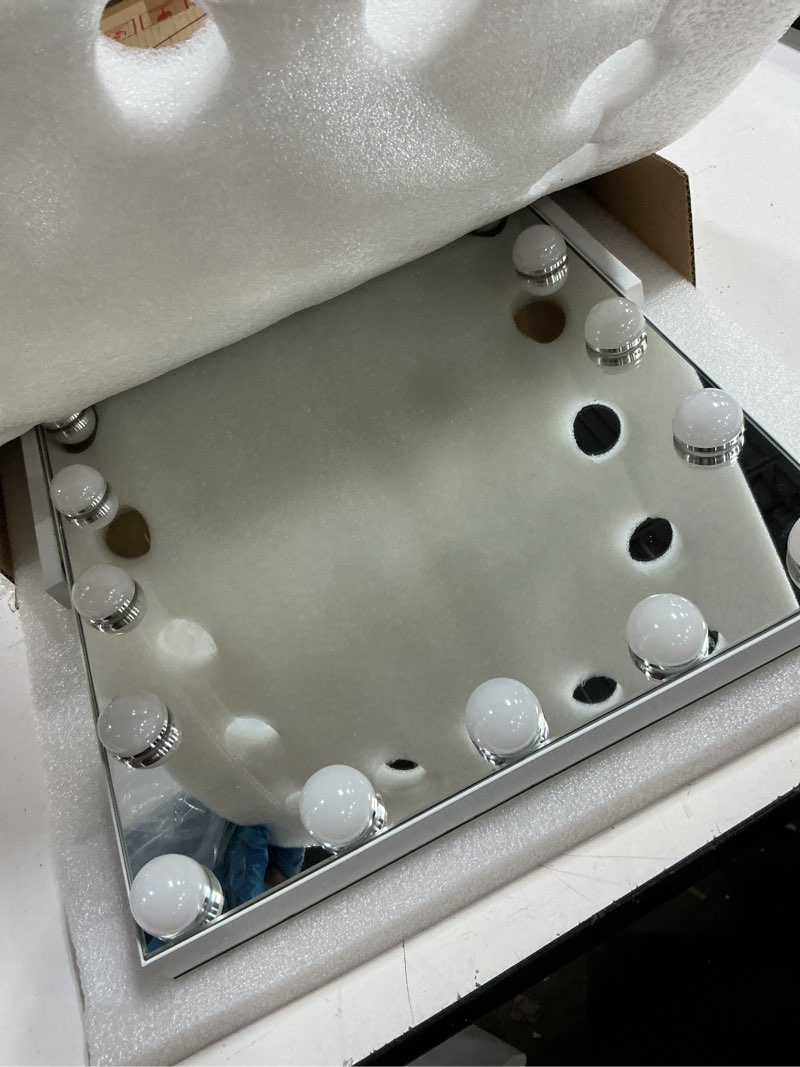 Condition photo showing As Is for vanity mirror with lights, 17'' x 13'' lighted makeup mirror for desk, hollywood mirror with 15 dimmable bulbs, 3 color modes, smart touch control, 360°rotation 17"l x 13"w
