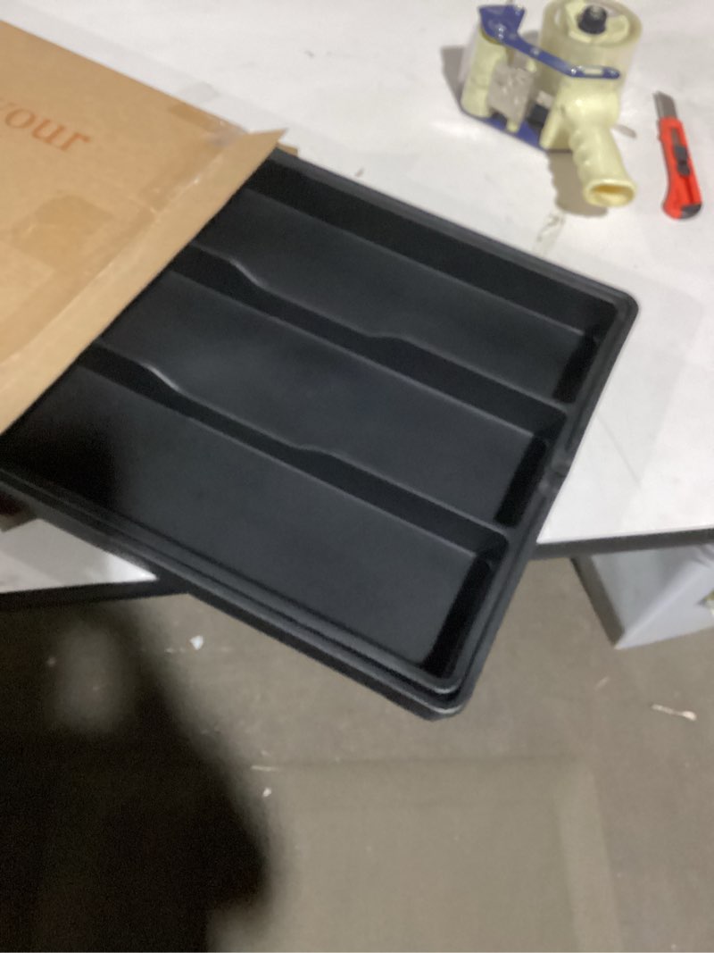 Condition photo showing As Is for Lifewit Cooking Utensil Drawer Organizer, Expandable from 11 to 18 inches, Adjustable Cutlery Silverware Tray, Plastic Flatware Spatula Holder, Kitchen Tools Gadgets Storage Divider, Black Black Medium(11-18''W x 14''D)
