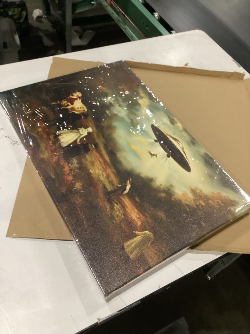 Condition photo showing New/Like New for Retro UFO Canvas Wall Art Whimsical Alien Abduction Wall Decor Pictures Victorian Landscape Funny Altered Poster Prints Eclectic Trippy Spaceship Artwork for Living Room Bedroom Decoration 12x16in Eclectic Art 12x16in