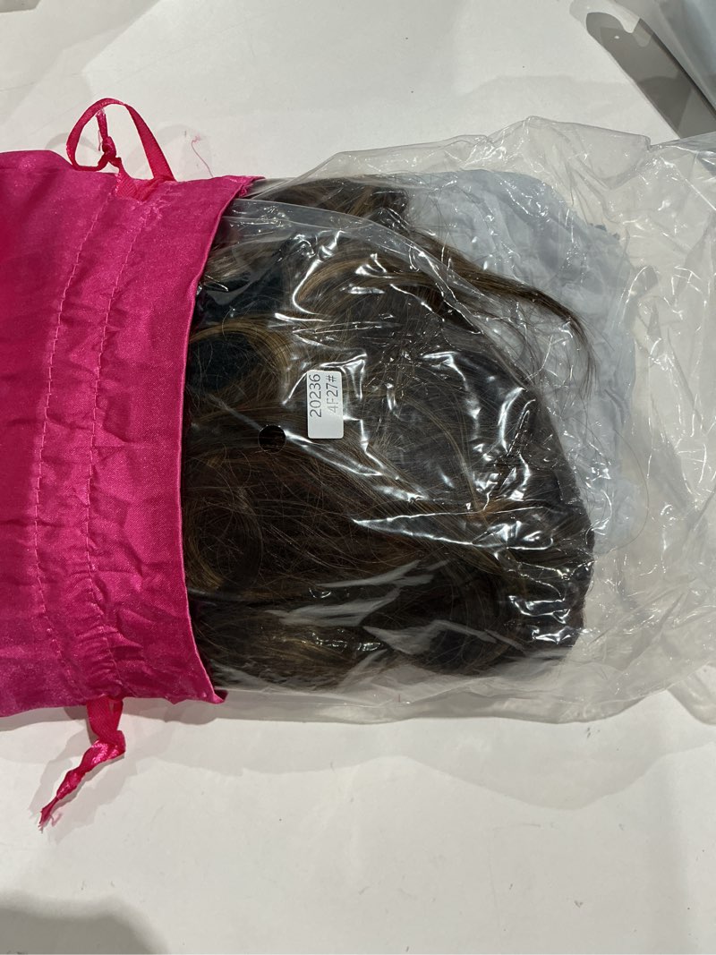 Condition photo showing Good Condition for highlight dark brown mix honey blonde long layered wavy wigs with bangs for black white women synthetic highlight brown layered with curtain bangs wig body wave shaggy hair for daily use 24inch brown highlight# 24 inch