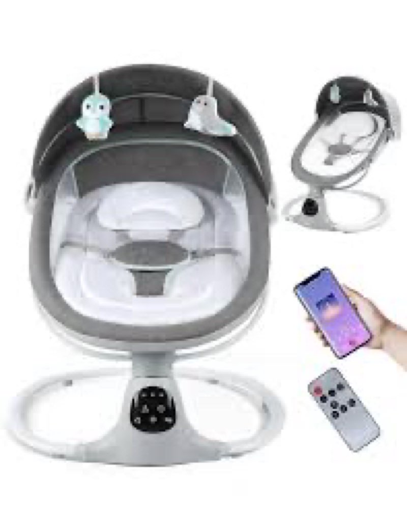 Electric Baby Swing for Infants to Toddler, 0-9 Months Portable Swing Rocker 5 Sway Speed, Bluetooth,12 Preset Lullabies with Remote Control, Infant Swing for Baby Boys & Girls, Grey
