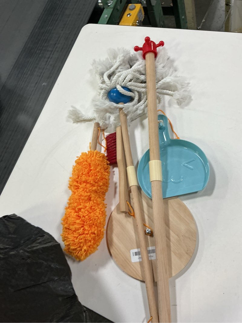 Condition photo showing Good Condition for Kids Cleaning Set, 8 Pcs Wooden Housekeeping Play Set Includes Broom Mop Duster Dustpan Brushes Rag and Organizing Stand, Cleaning Toys Gift for Toddlers Girls Boys Age 3-6, Solid Beech Wood Standard Edition