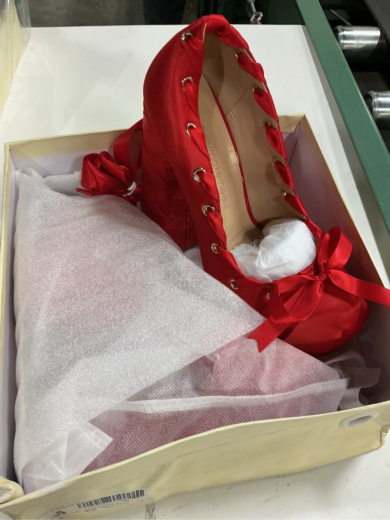 Condition photo showing New/Like New for platform heels chunky bow ribbon pumps 7 red a