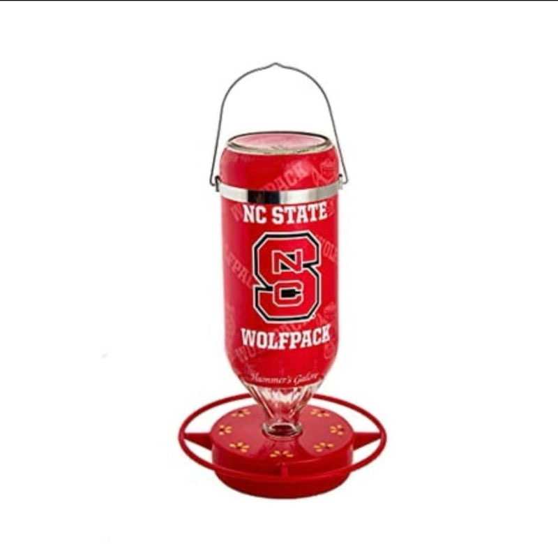 Hummers Galore ? Hanging Glass Hummingbird Feeder  NCAA North Carolina State University Wolfpack Design  for Outdoors  Backyard  Patio  and Garden  8 Feeding Stations  Red Base & Perch  32 Oz