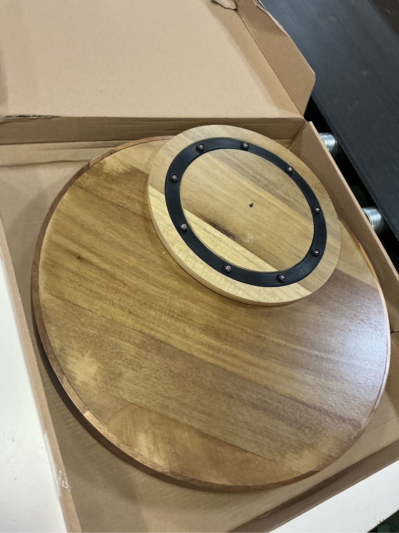 Condition photo showing As Is for 16" acacia wood lazy susan organizer kitchen turntable for cabinet pantry table organization acacia one pack 16"