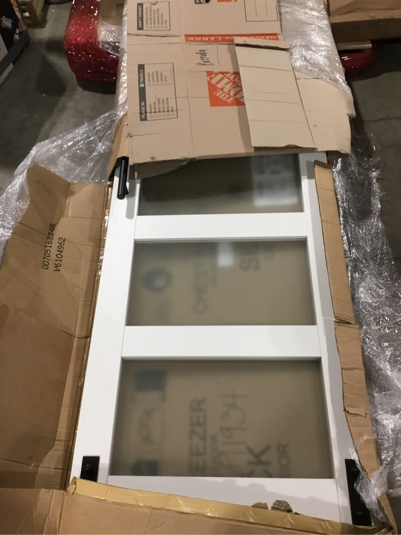 Condition photo showing As Is for 28x84 Inch Glass Sliding Barn Door Slab and 5ft Hardware Kit Included, 5 Frosted Glass, LVL Wood Panel Covered with White Water-Proof Scratch-Proof PVC Surface, Simple DIY Assembly 28"x84" Doors + 5' Track Kit White