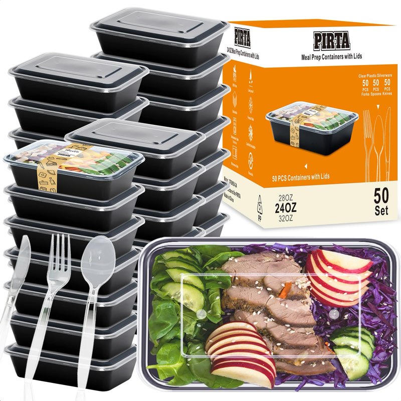 PIRTA 50 Pack(250-Piece) 28 oz Meal Prep Containers Reusable with Lids & Clear Plastic Silverware Se