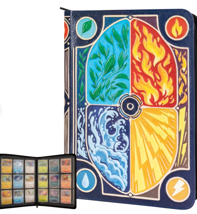 3D Card Binder for Pokemon - Stunning 3D Raised Elemental Design in PU Leather with Zipper - Include