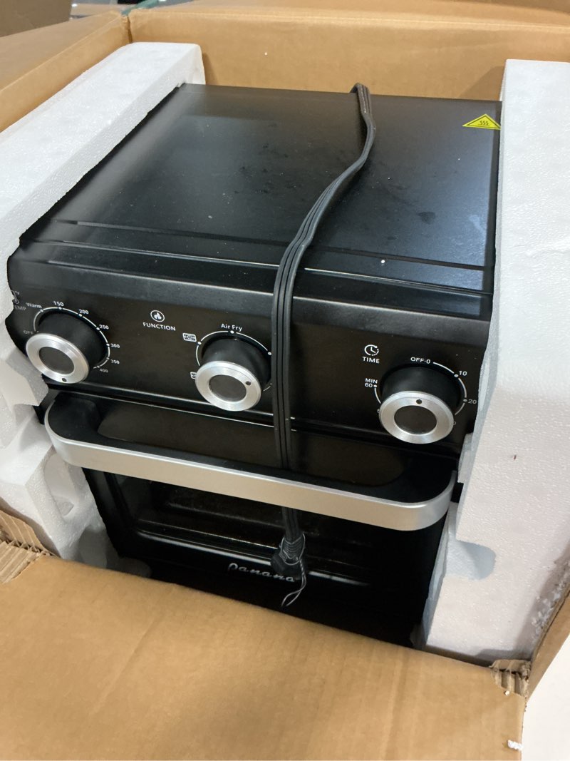 Condition photo showing As Is for Panana Compact Airfryer Toaster Oven, 1400W 21QT with 6-in-1 Multifunctions and Wide Temperature Range, Air Fryer Oven with 60-Minute Timer/Auto-Off, Stainless Steel Countertop Oven (Black)