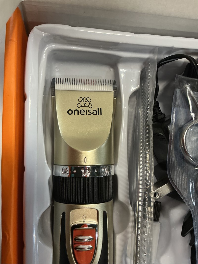Condition photo showing As Is for oneisall dog clippers low noise, 2-speed quiet dog grooming kit rechargeable cordless pet hair clipper trimmer shaver for small and large dogs cats animals (gold)