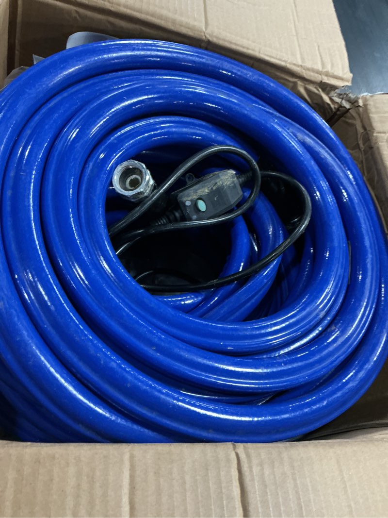 Condition photo showing As Is for 90ft heated water hose, freeze protection to -45°f, smart thermostat control, lead/bpa-free drinking water safe hose for rv, camping & home use