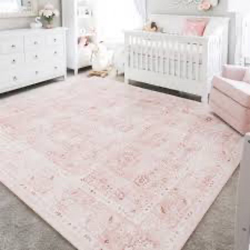 pink rug 5x7 for nursery,machine washable pink rug for bedroom girls living,blush super soft faux wool boho floral carpet 5 by 7 pink and white